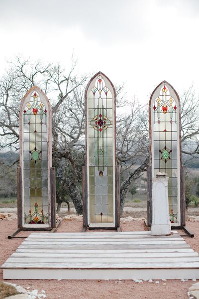 These are the windows Evan wants recreated for her wedding. Might do them in AI as a window graphic or hand painted with glass stain. That will depend on her budget! Southern Weddings, Outdoor Chapel, Ceremony Backdrop, Chapel Wedding, Vintage Rentals, Ceremony Decorations, Outdoor Ceremony, Wedding Arch, Stained Glass Windows