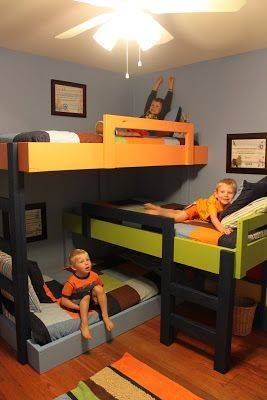 If the boys don't start getting along.....this is what they will get!  Tired of the constant fighting!  I'll just stack them up, take away all the electronics and make them figure out a better way to live! Triple Bunk Bed Ideas, Bunk Beds For Boys Room, Bunk Bed Ideas, Små Rum Lidt Plads, Bunk Beds Boys, Triple Bunk Beds, Triple Bunk Bed, Child Bedroom, Triple Bunk