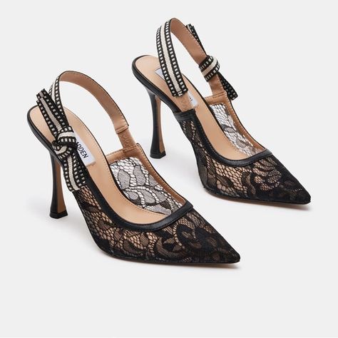 Steve Madden Bri Black Lace Heels, Steve Madden Store, Lace Heels, Shoe Display, Girly Shoes, Stiletto Pumps, 4 Inch Heels, Slingback Pump, Pretty Shoes