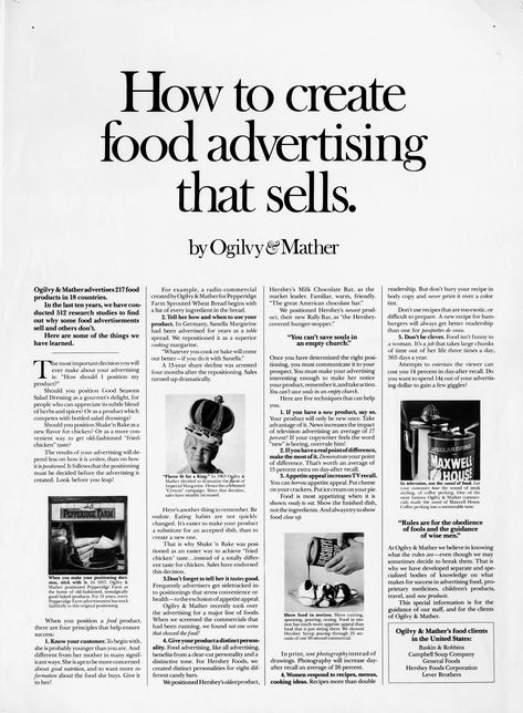 How to create food advertising that sells. Food Copywriting, Advertising Quotes Marketing, Copywriting Ads, Copywriting Advertising, David Ogilvy, Copy Ads, Advertising Quotes, Marketing Copywriting, Clever Advertising