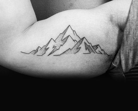 Dotted Lined Hill Tattoo Guys Inner Biceps Berg Tattoo, Geometric Mountain Tattoo, Tattoo Mountain, Origami Tattoo, Inner Bicep Tattoo, Mountain Tattoo Design, Tattoo Zeichnungen, Tattoos For Women Half Sleeve, Geometric Mountain