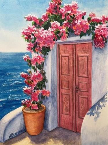 Anna Starkova Gallery of Original Fine Art Greek Door Painting, Santorini Watercolor Painting, Water Colours Painting Landscape, Paintings Of Greece, Santorini Greece Painting, Santorini Landscape, Santorini Painting, Greek Artwork, Flower Wall Painting