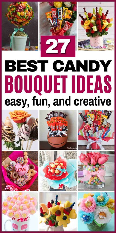 candy bouquet diy Bouquet Gifts Diy, Large Candy Bouquet, Gift Card Candy Bouquet, Candy Bouquet Ideas Birthday, Oreo Bouquet Diy, Candy Bouquet With Money, Senior Night Candy Bouquet, Treat Bouquet Gift Ideas, Gummy Gift Ideas