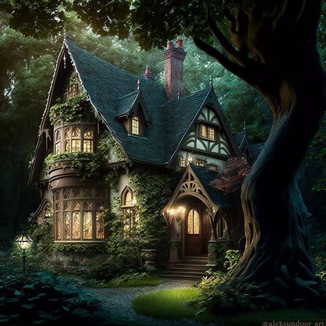 English Cottage In The Woods, Magical House Design, Magic House Art, Fantasy Home Art, Fantasy Art House, Fantasy House Art, Esthetic House, Magic Cottage, Magical Cottage