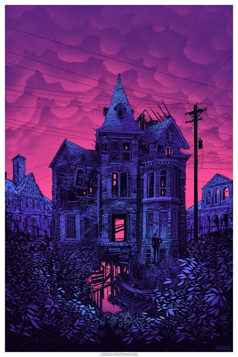 '...and sometimes you go to that place we do not know, and sometimes you come back, and sometimes you don’t' by Daniel Danger Blue Creepy Wallpaper, Haunted House Iphone Wallpaper, Blue Horror Wallpaper, Gothic Wallpaper Purple, Neon Haunted House, Haunted House Wallpaper, Haunted House Illustration, Haunted Wallpaper, Images Terrifiantes