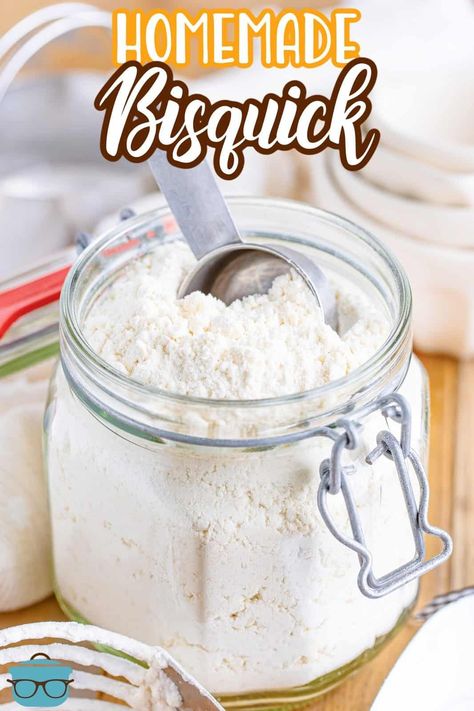 A container of homemade Bisquick with a measuring spoon in it. Diy Bisquick, Bisquick Mix Recipe, Pantry Mixes, Homesteading Recipes, Homemade Biscuit, Baking Mix Recipes, Homemade Bisquick, Homemade Dry Mixes, Diy Mixes