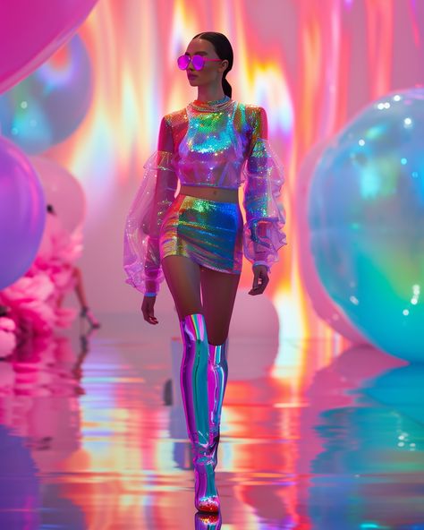 Electric Look, Neon Outfits Party Night, Iridescent Outfit, Galactic Fashion, Reflective Clothes, Spongebob Costume, Crazy Dresses, Rave Fits, Look Festival