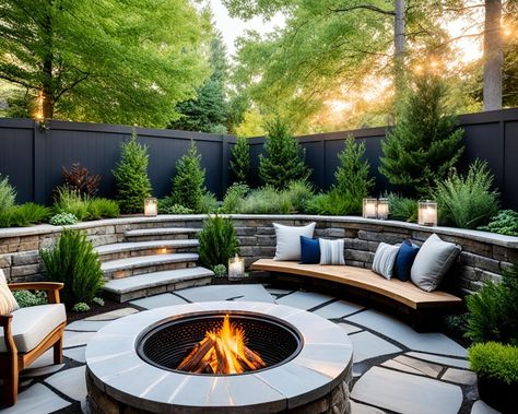 fire pit garden ideas and inspiration Fire Pit Into Hillside, Drop Down Fire Pit Area, Hillside Fire Pit Retaining Walls, Sunk In Fire Pit Backyard Ideas, Retaining Wall Fire Pit Ideas, Fire Pit Seating Area Ideas, Recessed Fire Pit, Fire Pit Garden Ideas, Sunken Fire Pit