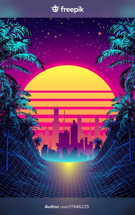 Retro 80s style tropical sunset with pal... | Premium Vector #Freepik #vector #background #city #vintage #landscape Retro 3d Art, Retro Mood Board, Miami 80s, 80s Sunset, 80s Background, Retro Landscape, Background City, Vector Landscape, Retro City