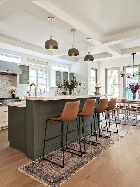 Modern Classic Kitchen Lighting, Colored Island Kitchen, Contrast Kitchen Island, Kitchen Island Colors With White Kitchen, Mandy Cheng, Classic Modern Farmhouse, Painted Kitchen Island, Green Kitchen Island, Moms Kitchen