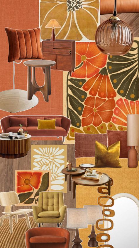 Mid century modern home decor aesthetic Color Wheel Interior Design, Interior Design Portfolio Layout, Mid Century Modern Home Decor, Home Decor Aesthetic, Retro Living Rooms, Accent Walls In Living Room, Mid Century Modern Home, Mid Century Modern Interiors, Interior Design Mood Board