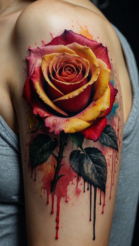 A highly detailed rose tattoo with a watercolor effect including splashes of pink, red, and yellow on a shoulder. A Rose Tattoo, Artistic Tattoos, D Tattoo, Unique Tattoo Designs, Unique Tattoo, Watercolor Effects, Rose Tattoos, Rose Tattoo, Red And Yellow