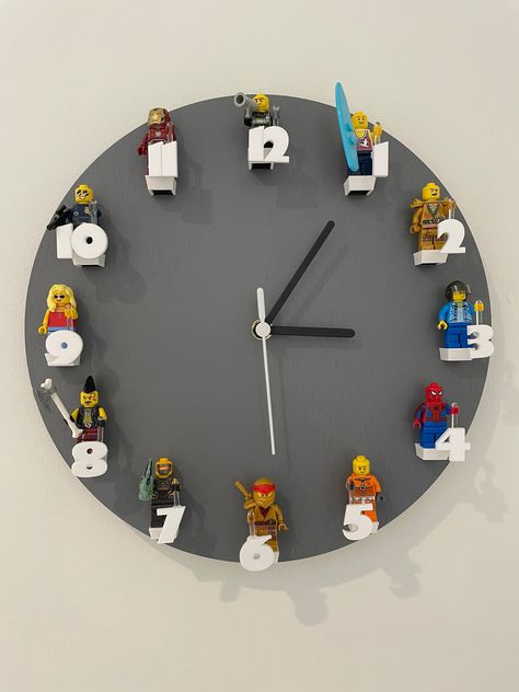 Lego Boys Room, Teen Age Boys Room Lego, Lego Wall Clock, Diy Lego Wall, Lego Themed Bedroom, Lego Clock, Lego Grandfather Clock, Wall Clock Kids, Birthday Bedroom