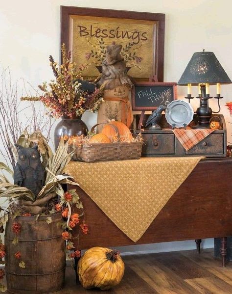 Beth's Country Primitive Home Decor Table Under Window, Country Sampler Farmhouse, Cape Cod Style Home, Primitive Fall Decor, Colonial Decorating, Vintage Fall Decor, Primitive Living Room, Primative Decor, Condo Decor