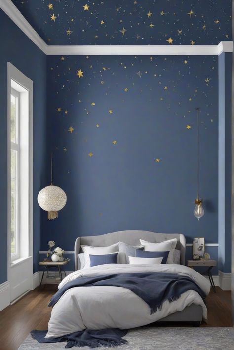 interior bedroom design, designer wall paint, home paint colors, paint color match Star Sky Bedroom, Starry Bedroom Ceiling, Dark Blue Wall Paint, Star Bedroom Aesthetic, Starry Night Room, Starry Bedroom, Starry Night Bedroom, Night Bedroom, Star Bedroom