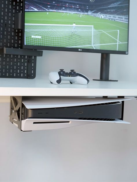 Ps5 Shelf Ideas, Ps5 Mounted On Wall, Playstation Desk Setup, Ps5 Storage Ideas, Ps5 Desk Setup, Ps5 Wall Mount, Game Console Organization, Ps4 Wall Mount, Game Console Shelf