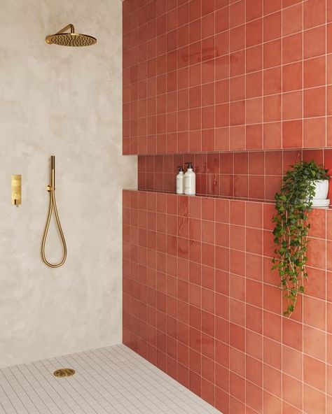 Coral Tiles Bathroom, Colored Tiles Bathroom, Mexican Bathroom Ideas Mexico, Color Pop Bathroom, Bathroom Ideas Terracotta, Modern Terracotta Bathroom, Eclectic Modern Bathroom, Salmon Tile Bathroom, Coral Tile Bathroom