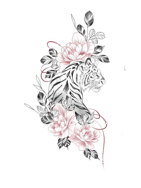 Name Cover Up Tattoos For Women Hip, Leopard With Flowers Tattoo, Lion Back Tattoo Women, Tiger And Flower Tattoo, Floral Tiger Tattoo, Tiger With Flowers Tattoo, Tattoo Ideas Tiger, Tigres Tattoo, Thigh Piece Tattoos