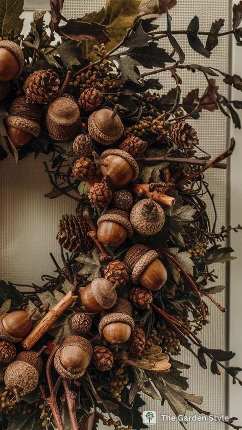 Decorating Ideas for Fall Mantels for a Cozy Home - The Garden Style Wreaths With Oranges, Grapevine Winter Wreath Ideas, Fall To Winter Wreath, Diy Harvest Wreath, Diy Pinecone Wreath Christmas, Woodsy Christmas Wreath, Fall Decor With Mushrooms, Unique Fall Wreaths Diy, Home Thanksgiving Decor