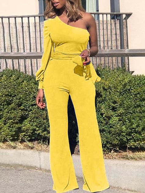 One Shoulder Bishop Sleeve Belted Jumpsuits (S/M/L/XL/2XL) $35.99 Dressy Jumpsuit Wedding, Bodycon Jumpsuit Outfit, Casual White Jumpsuit, Jumpsuits For Women Formal, White Halter Jumpsuit, Asymmetric Jumpsuit, Purple Jumpsuit, Jumpsuit With Belt, Womens Black Jumpsuit