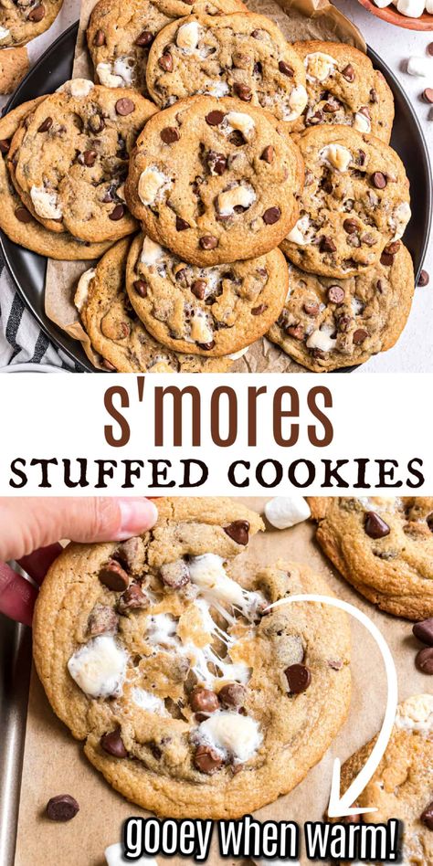 Bring the campfire dessert indoors with this S'mores Cookies recipe! Chocolate chip cookies are flecked with graham cracker crumbs and filled with a melty marshmallow center. Everything you love about S'mores--without the mess! Smore Bars, Smore Cookies, Recipe Desert, Fall Cookie Recipes, Campfire Desserts, S Mores Cookies, Stuffed Cookies, Marshmallow Cookies, Homemade Chocolate Chips