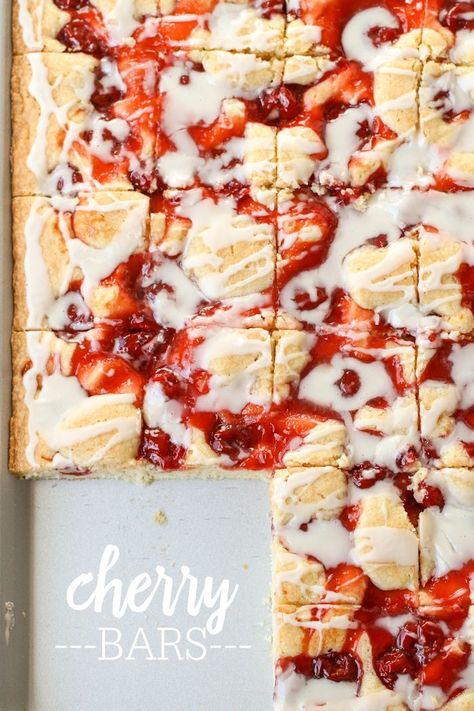 Delicious Cherry Bars topped with a heavenly glaze that has hints of almond extract. It will be your new favorite dessert! { lilluna.com } Cherry Pie Bars, Cherry Bars, Cherry Desserts, Almond Extract, Cherry Almond, Cherry Recipes, Pie Bar, Lemon Bars, Brownie Bar