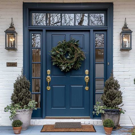 8+ Stunning Blue Main Entry Door Design Ideas • 333+ Art Images Colored Entry Doors, Navy Front Door White House, Navy Blue Front Door Tan House, Dark Blue Doors Front Entrance, Navy Blue Front Door Colors, Front Door Pop Of Color, Deep Blue Front Door, Blue Front Door Colors Sherwin Williams, Painting Interior Front Door