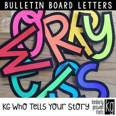 Bulletin Board Letters: KG Who Tells Your Story Letters Colorful Bulletin Boards, Kindergarten Bulletin Boards, Top Free Fonts, Art Bulletin Boards, Teacher Bulletin Boards, Library Bulletin Boards, Font Ideas, Ela Classroom, Cut It Out