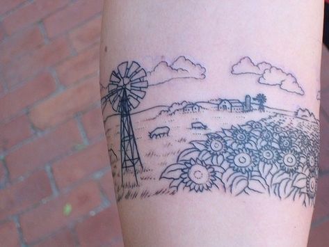 Farm Tattoos, Nebraska Tattoo, Farmer Tattoo, Windmill Tattoo, Farm Tattoo, Wheat Tattoo, Tattoo Tiny, Cow Tattoo, Country Tattoos