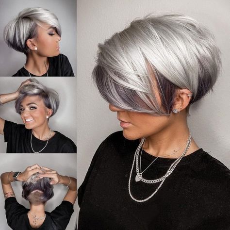 10 Short Bob Hairstyles with Cool Colors and New Patterns - PoPular Haircuts Long Asymmetrical Haircut, Dark Silver Hair, Metallic Hair Color, Short Asymmetrical Haircut, Silver Ombre Hair, Silver White Hair, Κούρεμα Bob, Asymmetrical Haircut, Silver Blonde Hair