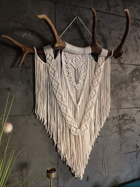 Boho Southwestern Living Room, Antler Diy Projects, Antler Macrame, Antler Diy, Extra Large Macrame Wall Hanging, Antler Ideas, Driftwood Macrame, Elk Horn, Wall Macrame