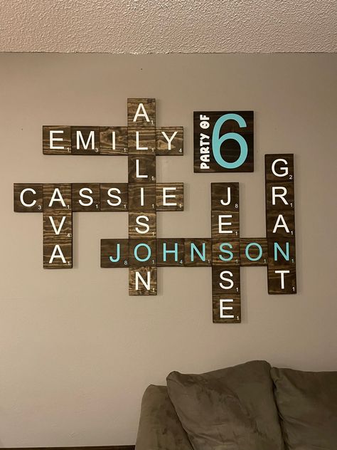 Family Wall Gallery, Scrabble Wall Decor, Scrabble Wall Art, Scrabble Wall, Wood Tiles, Minwax Stain, Wall Decor Farmhouse, Family Wall Decor, Scrabble Letters