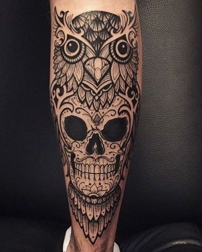 Sugar Skull Tattoos, Black Owl Tattoo, Owl Skull Tattoos, Fernweh Tattoo, Mens Owl Tattoo, Skull Tattoo Ideas, Catrina Tattoo, Tattoo Trend, Owl Tattoo Design