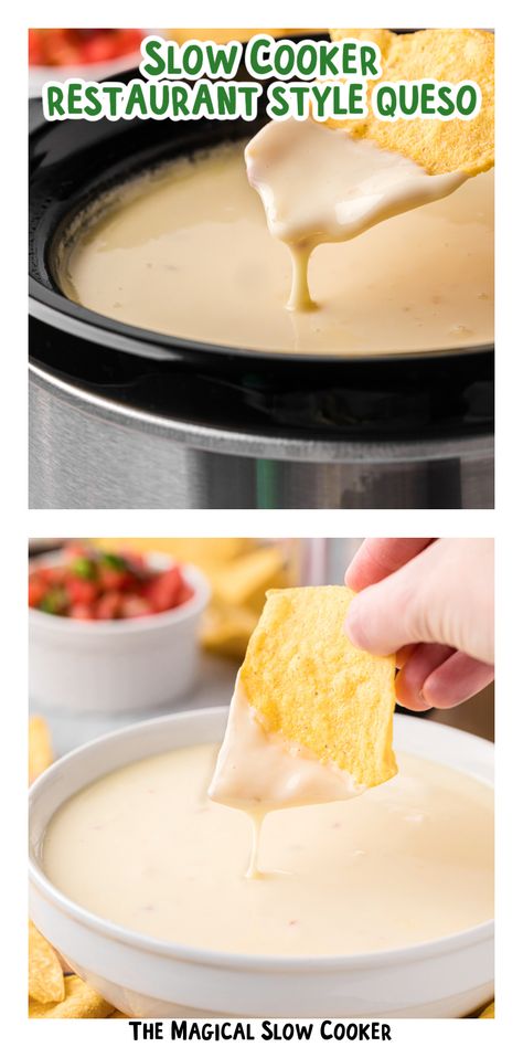 Slow Cooker Restaurant Style Queso is a creamy, gooey goodness made with layers of melted cheese, spicy peppers, and zesty flavors. And when it comes to queso, nothing quite beats the benefit of a restaurant-style recipe made right in your own kitchen. It's the perfect addition to any Tex-Mex meal or gathering, and once you try it, you'll want to keep it on hand for every occasion. - The Magical Slow Cooker Ponchos Cheese Dip Recipe, Homemade Caso Cheese, Small Batch Queso Dip, Slow Cooker Cheese Sauce, Cheese Dip Recipes Velveeta Crock Pot, Nacho Queso Recipe, Best Crockpot Queso, Nacho Cheese Sauce Crockpot, Cheese Sauce Crockpot