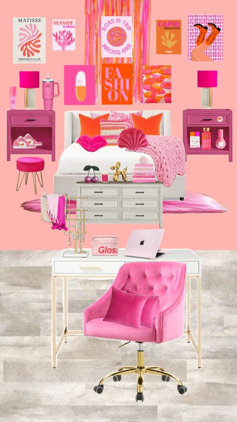 pink and orange room 🩷🧡 #pink #pinkpreppy #hotpink #orange #pinkandorange #orangeandpink #orangepreppy #bedroom #room #roominspo #preppyroom Pink And Orange Room, Orange Room Decor, Preppy Dorm Room Decor, Hot Pink Room, Hot Pink Bedrooms, Orange Room, Preppy Bedroom Decor, Dorm Room Styles, Pink Dorm