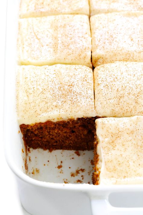 Pumpkin Bars with Cream Cheese Frosting | Gimme Some Oven: A delicious Classic pumpkin bars (or cake!) with a decadent cream cheese frosting recipe. Such a sweet seasonal treat, and always a crowd-pleaser! Carrot Cake Bars Recipe, Pumpkin Baking, Cake Bars Recipe, Food Fall, Carrot Cake Bars, Pumpkin Desserts, Gimme Some Oven, Cream Cheese Frosting Recipe, Pumpkin Bars