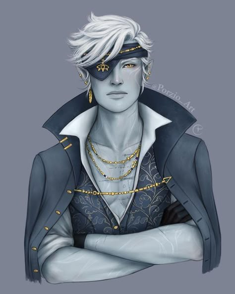 Man With Eyepatch Character Art, Dnd Eyepatch, Air Genasi Pirate, Air Genasi Fighter, Male Air Genasi, Air Genasi Cleric, Aquatic Elf Male, Sea Elf Dnd Male, Character With Eyepatch