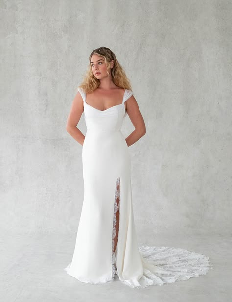 Alexandra Grecco Wedding Dress, Column Sheath Wedding Dress, Alexandra Grecco Bridal, Floral Embroidered Gown, Dress Necklines, Drop Waist Gown, European Wedding Dresses, 2024 Wedding Dresses, Bridal Cap