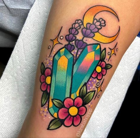 Crystal Tattoo Traditional, Neotraditional Crystal Tattoo, Girly Traditional Tattoo Sleeve, Kawaii Flower Tattoo, Pastel Traditional Tattoo, Pastel Tattoo Ideas, Jewel Tattoo Gem, Girly Traditional Tattoo, Neotraditional Tattoo Flash Art