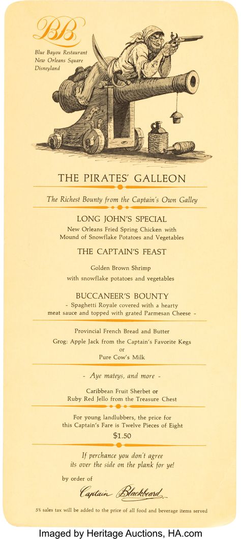 Here's a children's rare menu from the Pirates' Galleon at the Blue Bayou Restaurant in New Orleans Square. The menu is from the opening of the wildly popular attraction, Pirates of the Caribbean in 1967. The menu boasts the "Richest Bounty from the Captain's Own Galley" and features items like chicken, spaghetti, and golden-brown shrimp. The menu measures 5" x 11.25". Light edge wear, in Good condition. Caribbean Dinner, Pirate Ideas, Like Chicken, Blue Bayou, Pirate Halloween, Chicken Spaghetti, Family Movie, Family Movie Night, Southern Italy