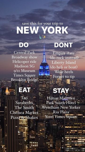 Tasha | Travel Creator | Inspo • Guides • Cool Stays on Instagram: "📌 SAVE for your NYC trip  No matter how many times I visit New York, the novelty never wears off ✨  I’ve made it easy for you by collecting everything into a 1 page guide on this reel!  DO  🌳 Central Park  🎭 Broadway show 🚁 Helicoper ride  ⛹🏽 Madison Square Garden 🕊️ 9/11 Memorial Museum  🍎 Times Square  🌉 Brooklyn Bridge   DONT 🏙️ Empire state - do top of the rock instead which gives you the Empire State Building as part of the view! 🗽 Liberty Island - the statue is so much smaller than I anticipated! I say see it from a helicopter or boat instead of going to the island itself  👠 Wear heels - I was 21 the first time I went and wore huge heels and felt like such a tit LOL everyone is so casual! Its also such a w Travel Nyc, Walkable City, Liberty Island, Broadway Show, Chelsea Market, Empire State Of Mind, The Empire State Building, Visiting Nyc, Memorial Museum