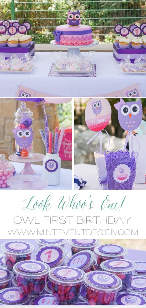 Look Whoo’s One! Click to find out how to create an Owl First Birthday Party with over 10 creative DIY party details including fruit cups and party banners. There’s even free owl party printables to download. Styled by party stylist Mint Event Design. #birthdayparty #partyideas #partyinspiration #owl #birthdaycake #desserttable #partyfavors #firstbirthday Owl Decorations For Birthday, Look Whos Two Birthday Owl, Owl Party Theme, Look Whoos Turning One, Owl Birthday Party Ideas Decoration, Owl Second Birthday Party, Owl First Birthday Girl, Owl Birthday Theme, Owl Party Ideas