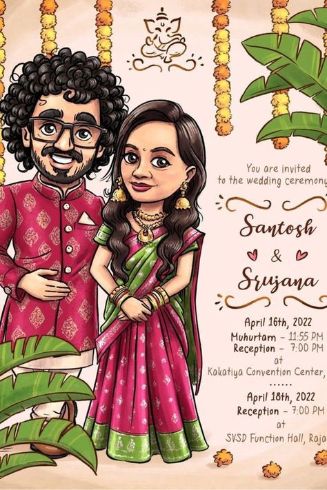 Cartoon Wedding Invitations, Caricature Wedding Invitations, Wedding Illustration Card, Wedding Invitation Posters, Couple Illustration Wedding, Hindu Wedding Invitation Cards, Wedding Card Design Indian, Marriage Invitation Card, Indian Wedding Invitation Card Design