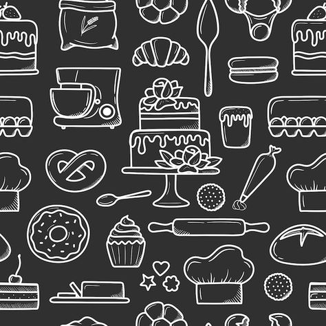 Vector pattern of baked goods and desser... | Premium Vector #Freepik #vector #bread-pattern #bakery-elements #bakery-pattern #bakery-illustration Bakery Elements, Bakery Pattern, Bread Pattern, Bakery Illustration, Painting Stuff, Cute Baking, Stationary Set, Brand Book, Black And White Pattern