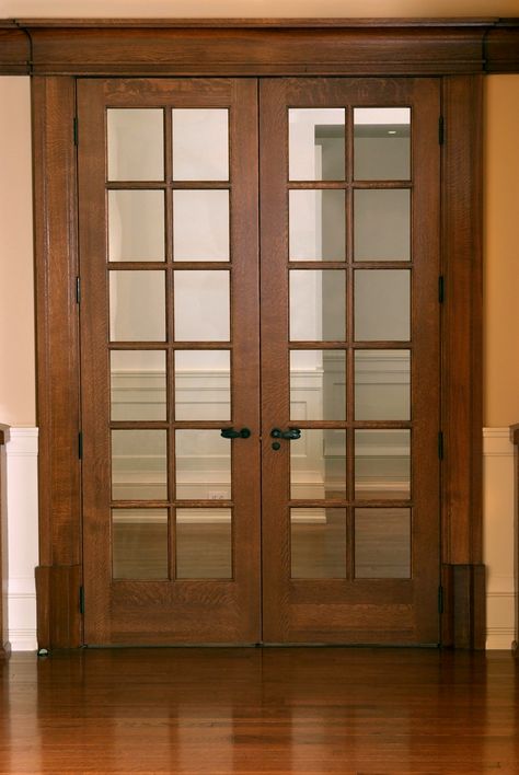 Custom 12 panel Quarter Sawn White Oak 7' french door with QSWO craftsman door casing and base blocks. Craftsman French Doors, Craftsman Door Casing, Double Interior Doors, Cottage Addition, Trim Cabinets, Glass Interior Doors, House Themes, Oak French Doors, Wood French Doors