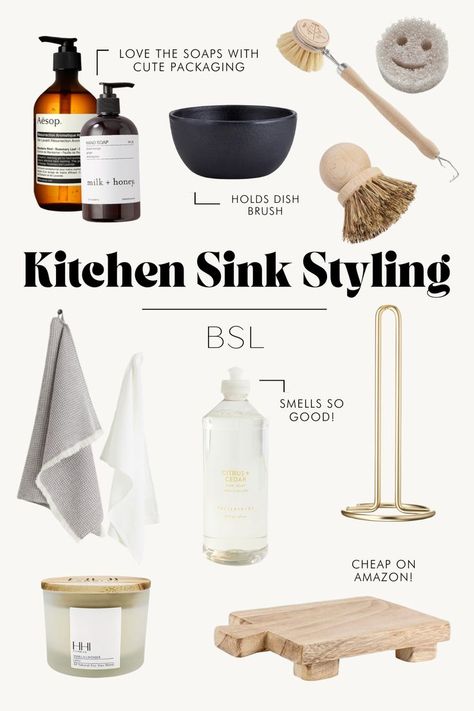 A kitchen sink doesn't have to hold just an ugly dish soap bottle...here's some of my favorite kitchen sink decor ideas and how I decorated my apartment kitchen sink! Kitchen Sink Decor Ideas Countertops, Sink Styling Kitchen, Sink Area Decor Kitchen, Kitchen Sink Tray Ideas, Kitchen Sink Countertop Organization, Kitchen Sink Styling Ideas, Kitchen Sink Styling Countertops, Styling Kitchen Sink Area, Sink Set Up