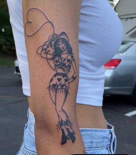 Plus Size Outline Tattoo, Pinup Tattoo Black And White, Country American Traditional Tattoo, American Trad Cowgirl, Nun Pinup Tattoo, American Traditional Tattoos On Women, Tattoo Of Cowgirl, Vintage Cowgirl Pinup Tattoo, Cowboy Cowgirl Tattoo