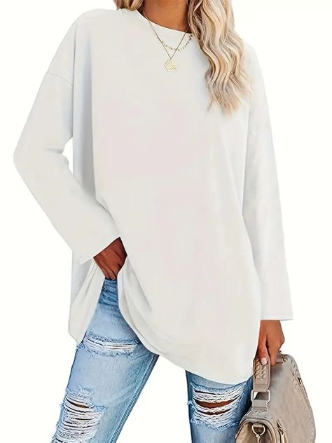 Plus Size Simple Solid Top Casual Crew Neck Long Sleeve Top - Temu United Kingdom Drop Shoulder Tee, Next Fashion, Round Neck Tees, Basic Long Sleeve, Simple Shirts, Womens Basic, Round Neck Tops, Long Sleeve Casual, Matilda