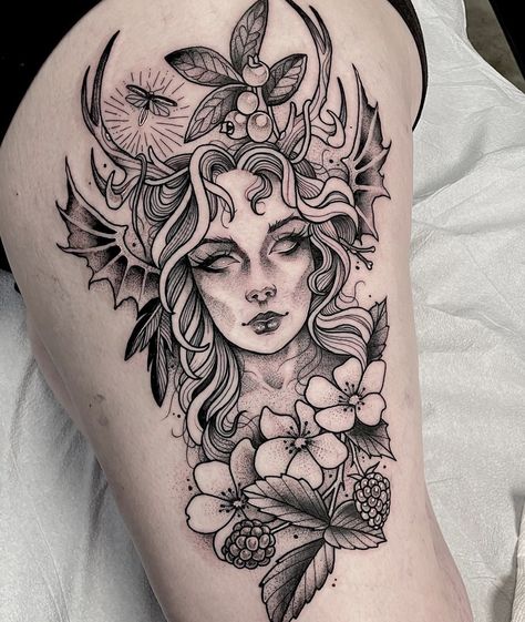 Artemis Tattoo, Athena Tattoo, Line Drawing Tattoos, Artemis Goddess, Tarot Tattoo, Girl Face Tattoo, Goddess Tattoo, Thigh Piece, Space Tattoo