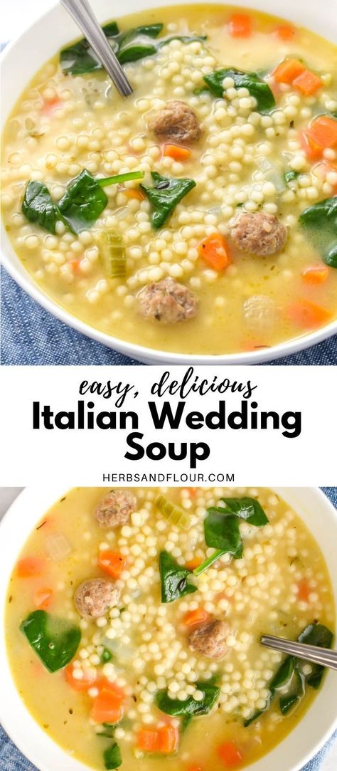 This cozy, comforting Italian Wedding Soup is wonderfully flavourful and so simple to make! Adorable little meatballs, mini pasta beads, fresh spinach and a flavourful broth come together to make this hearty soup that’s a marriage made in heaven. Skinnytaste Wedding Soup, Soup Recipes Italian Wedding, Slow Cooker Italian Wedding Soup Recipe, Crock Pot Wedding Soup, Italian Wedding Soup Creamy, Soup Recipes Family, Italian Wedding Soup Freezer Meal, Italian Wedding Soup With Tortellini, Italian Wedding Crockpot Soup